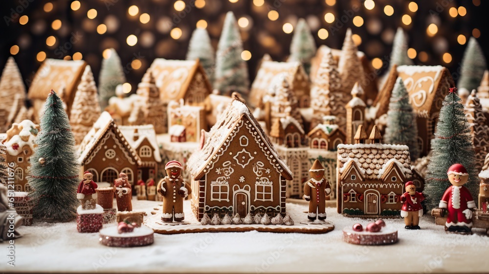 a group of gingerbread houses with christmas lights in the background. generative ai a group of gingerbread houses with christmas lights in the background. generative ai