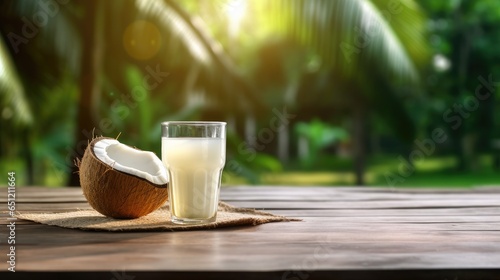 Coconut on wooden table with blur coconut tree background for banner and agriculture. Generative Ai