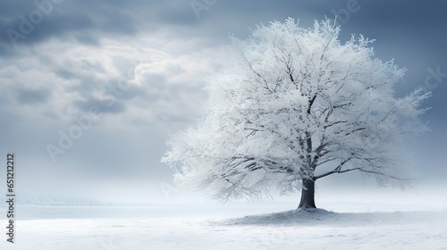  a lone tree in a snowy field with a cloudy sky. generative ai