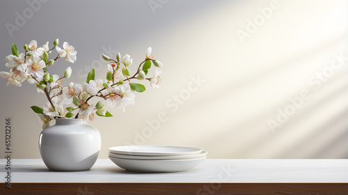 A white tabletop forms the stage, a canvas of pristine simplicity. The backdrop of a modern white kitchen softly blurs, creating a gentle harmony of tones. In this artful arrangeme