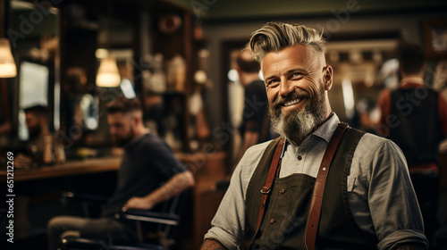 Barbershop concept. Profile side portrait of attractive severe brutal red bearded young guy. He has a perfect hairstyle, modern stylish haircut © Nataliia
