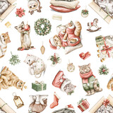 Seamless pattern with vintage variety set of funny cute animals cats kittens in Christmas clothes and objects isolated on white background. Watercolor hand drawn illustration sketch