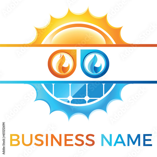 Heizungsbauer, Heizungsinstallateur, Klempner, Sanitär, Wassertropfen, Feuer, Solarpanel, Photovoltaiknalage - Symbol, Logo
