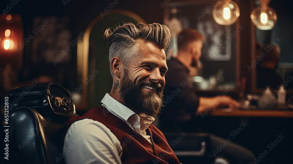 Obraz premium Barbershop concept. Profile side portrait of attractive severe brutal red bearded young guy. He has a perfect hairstyle, modern stylish haircut