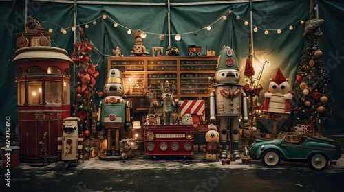  a display of christmas decorations and toys in a room with a green curtain. generative ai