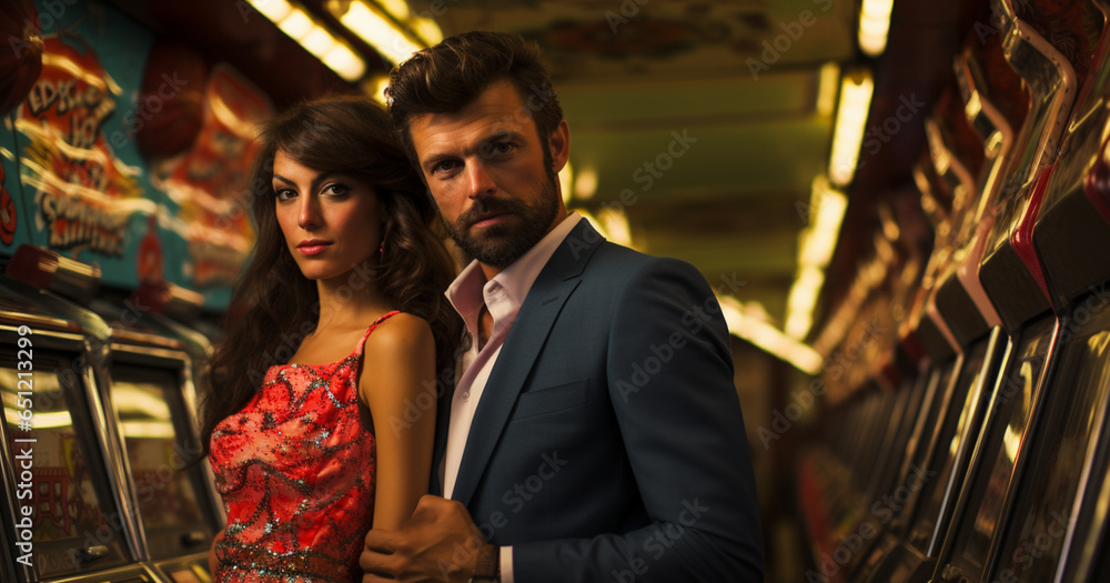 Well-dressed couple in a luxury casino interior
