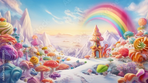 A painting of a candy land with a rainbow in the sky
