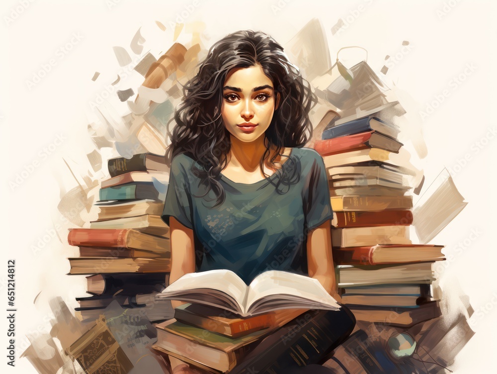 Passionate Indian literature lover, surrounded by books, her profound love evident in her contemplative gaze isolated on white background