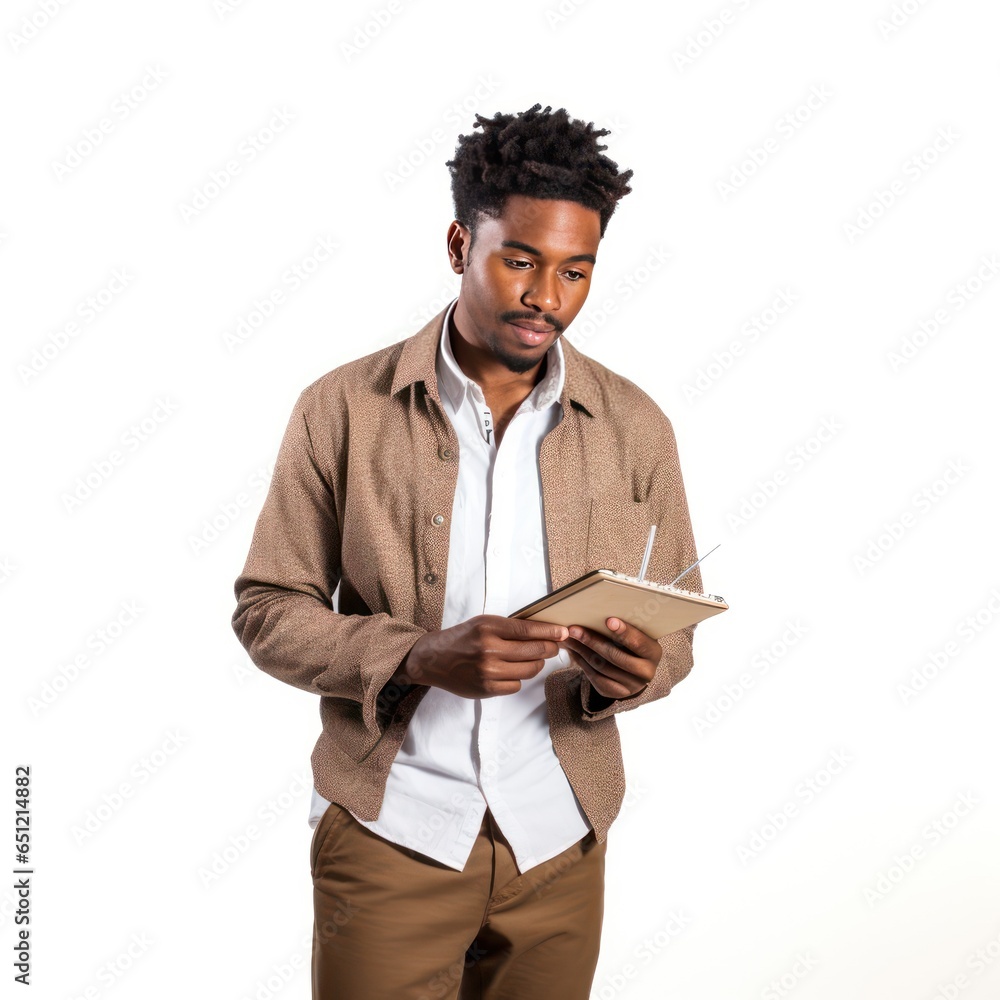 Journalist from South Africa, deeply engrossed with pen and pad, chronicling stories of significance isolated on white background Journalist from South Africa, deeply engrossed with pen and pad, chronicling stories of significance isolated on white background