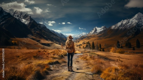 A young traveling girl with a hat in winter wilderness in a panoramic mountain landscape