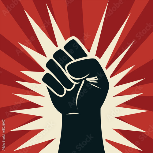 power to the people communist propaganda vector image, Hand Fist with rays around it on red background vector illustration photo