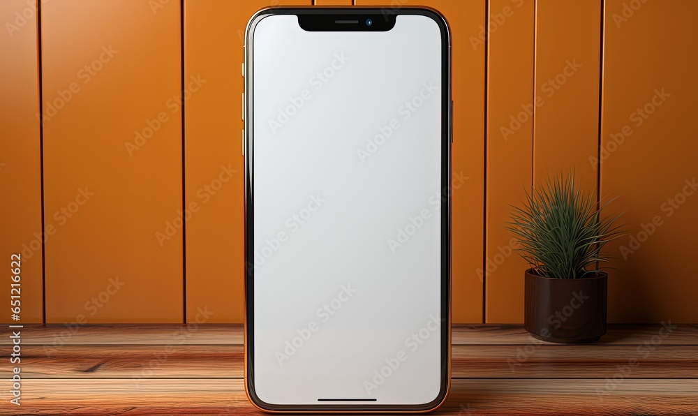 Isolated smartphone mockup with blank screen on a wooden table Isolated smartphone mockup with blank screen on a wooden table