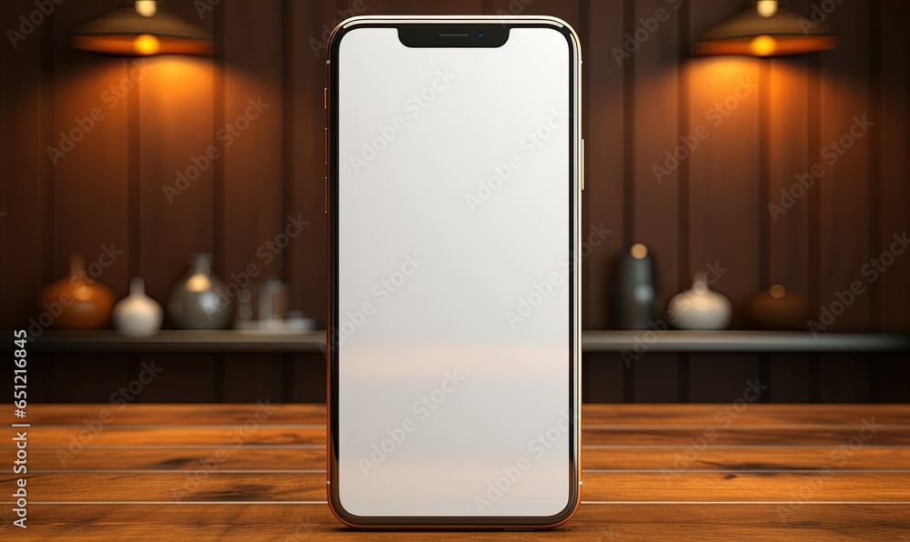 Isolated smartphone mockup with blank screen on a wooden table Isolated smartphone mockup with blank screen on a wooden table