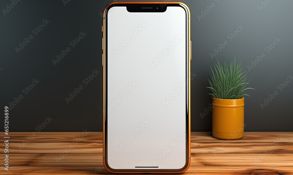 Isolated smartphone mockup with blank screen on a wooden table Isolated smartphone mockup with blank screen on a wooden table