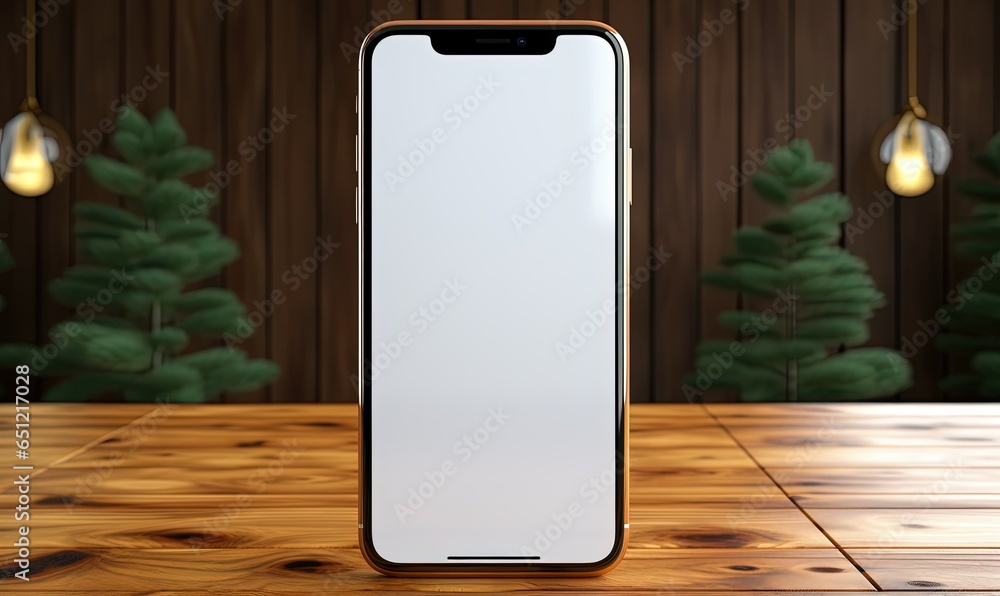 Isolated smartphone mockup with blank screen on a wooden table Isolated smartphone mockup with blank screen on a wooden table