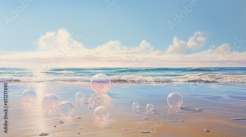  a painting of bubbles floating on a beach near the ocean. generative ai