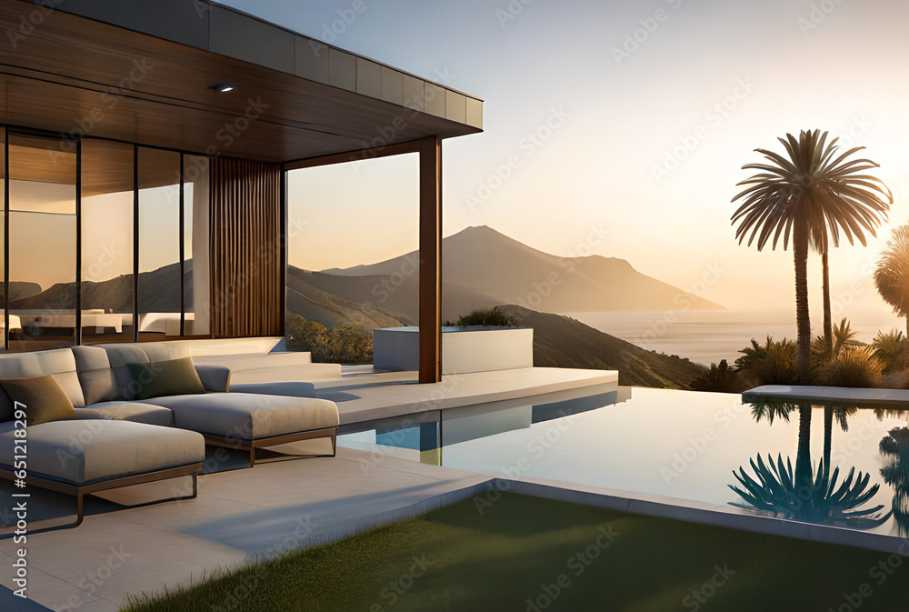 Fototapeta premium exterior of a chic modern house with a swimming pool on the ocean