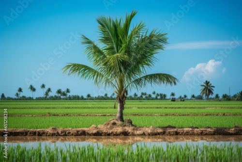 The Serene Harmony of a Coconut Palm Tree amidst an Agricultural Rice Field on Farmland