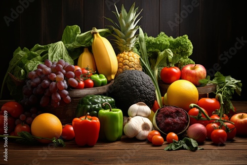 Nature's Bounty: An Array of Fresh Fruits and Vegetables Displayed on a Rustic Wooden Table --ar 3:2