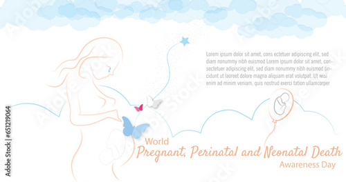 World Pregnancy, Perinatal and Neonatal Death Awareness Day. Silhouette of pregnant woman with baby in gray with stars and butterflies coming out of her going to the sky. 