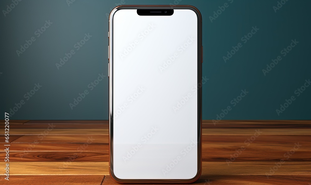 Mockup of isolated touch screen cell phone with blank screen on a wooden table Mockup of isolated touch screen cell phone with blank screen on a wooden table