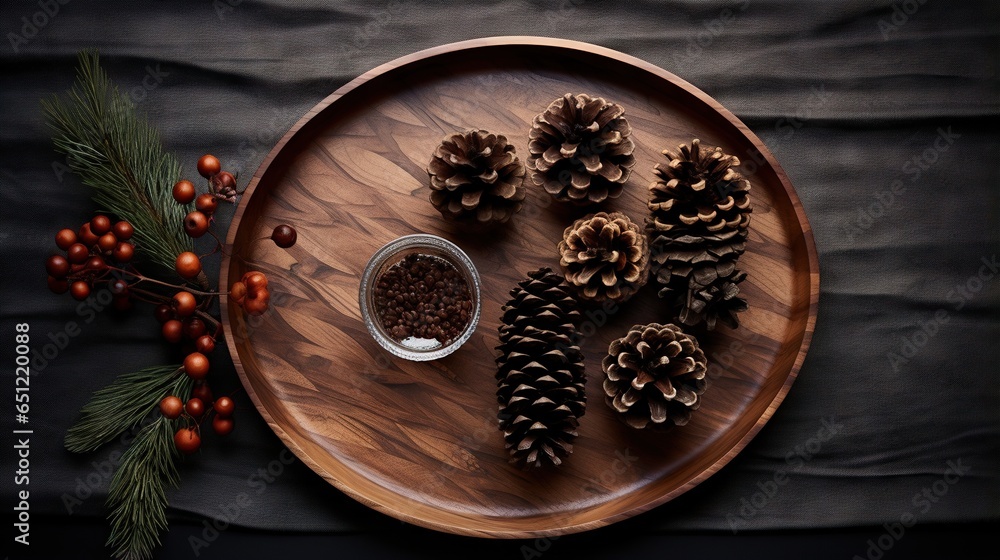 a wooden plate topped with pine cones and a bowl of seeds. generative ai a wooden plate topped with pine cones and a bowl of seeds. generative ai