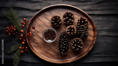  a wooden plate topped with pine cones and a bowl of seeds. generative ai