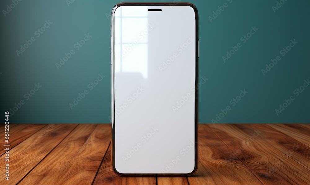 Mockup of isolated touch screen cell phone with blank screen on a wooden table Mockup of isolated touch screen cell phone with blank screen on a wooden table