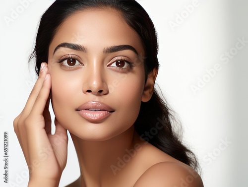 A Beacon of Beauty Radiant Indian Beauty Showcasing the Merits of Sensitive Skin Skincare, Her Calm Complexion Embodying the Product's Promise  isolated on white background photo