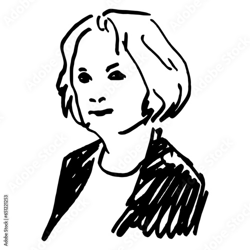 Closeup portrait of a middle age woman with blonde hair. Female portrait. Hand drawn linear doodle rough sketch. Black ink silhouette on white background.