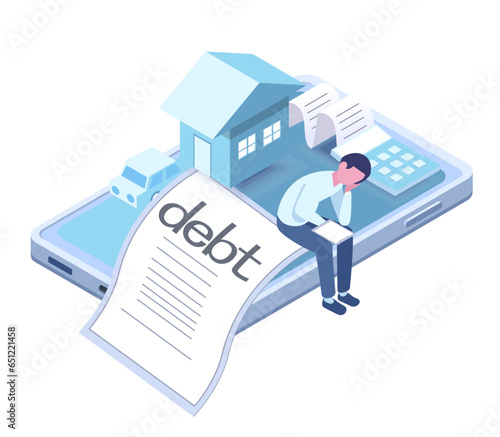 vector isometric illustration of debt and bankruptcy,a man depress for debt.