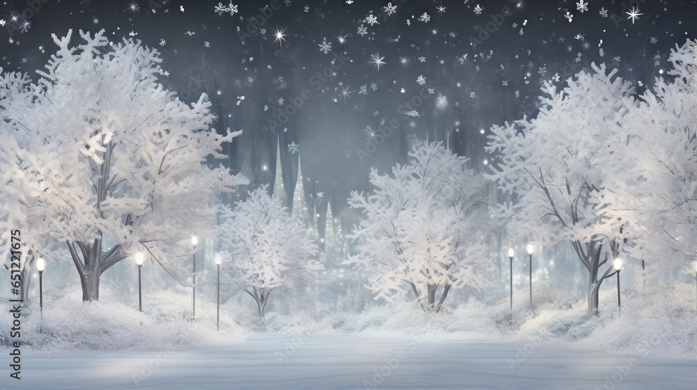  a winter scene with a street light and snow covered trees.  generative ai