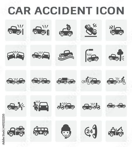 Car accident vector icon. Include breakdown, crash, collision, insurance claim and call center service. Emergency of traffic, transportation cause by vehicle, people on highway, street, road.