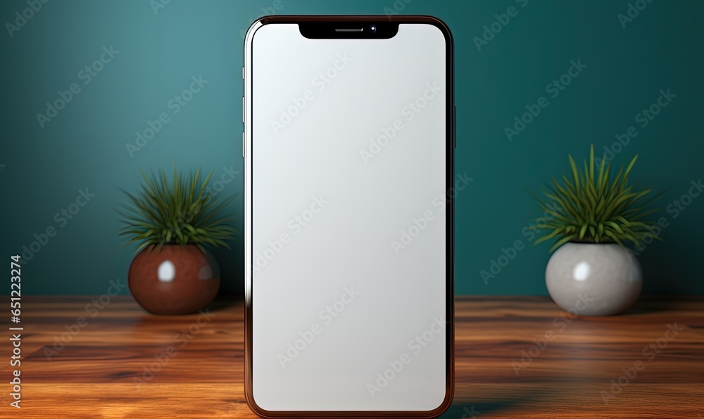 Mockup of isolated touch screen cell phone with blank screen on a wooden table Mockup of isolated touch screen cell phone with blank screen on a wooden table