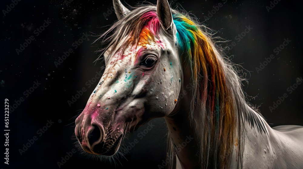 A magical fairy beautiful horse wild animal with rainbow colorful mane on the dark background. Believe in magic concept. Copy space.