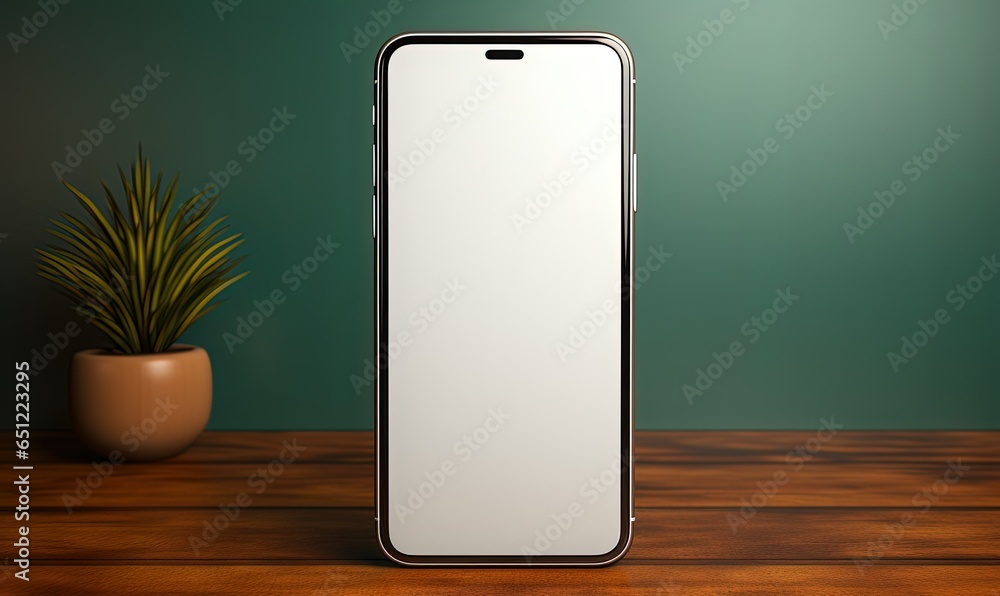 Mockup of isolated touch screen cell phone with blank screen on a wooden table Mockup of isolated touch screen cell phone with blank screen on a wooden table