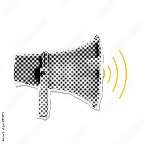 Loudspeaker for retro mixed media collage. Torn out paper sticker with megaphone. Vector halftone illustration with wavy blah lines doodle elements. Grunge punk vector illustration.