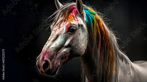 A magical fairy beautiful horse wild animal with rainbow colorful mane on the dark background. Believe in magic concept. Copy space. photo