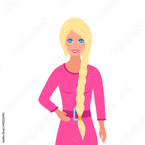 girl with a long braid, beautiful young woman, blonde hair. Vector Illustration for backgrounds and packaging. Image can be used for greeting cards, posters and stickers. Isolated on white background.