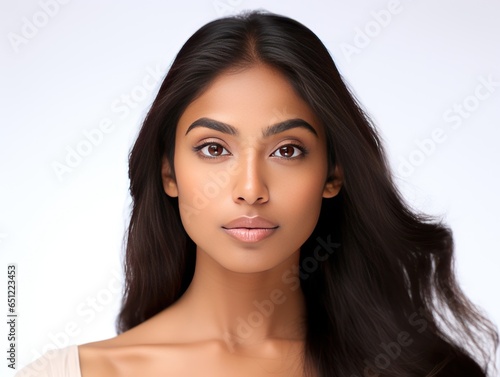 A radiant Indian girl with mesmerizing eyes and a serene smile, embodying the timeless beauty of all seasons, suitable for beauty and skincare brand's commercial photoshoots © Usablestores