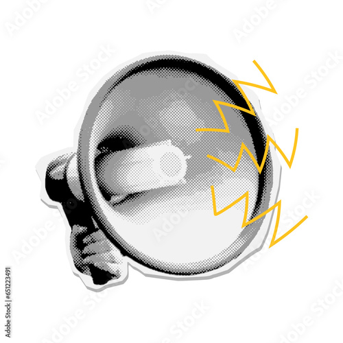 Pop art mixed art collage paper sticker with megaphone. Loudspeaker announcing crazy promotions. Retro element with torn paper edges and doodle elements. Hand holding megaphone. Vector design