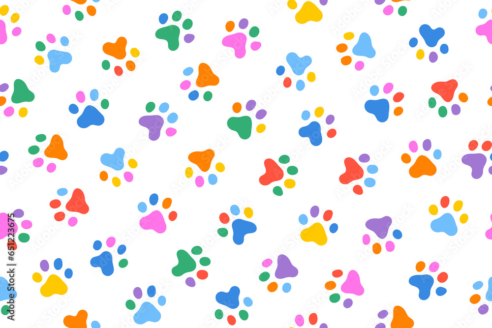Fun colorful dog paw doodle seamless pattern. Puppy footprint in rainbow color pattern. Design for animal product branding. Fun colorful dog paw doodle seamless pattern. Puppy footprint in rainbow color pattern. Design for animal product branding.