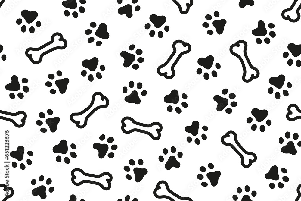 Seamless pattern with silhouette dog footprints and bone. Black and white dog paw doodle abstract pattern. 