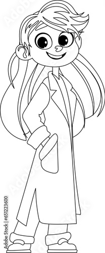 There is a pretty and hilarious girl who is dressed in clothes that look like what doctors wear. Childrens coloring page.