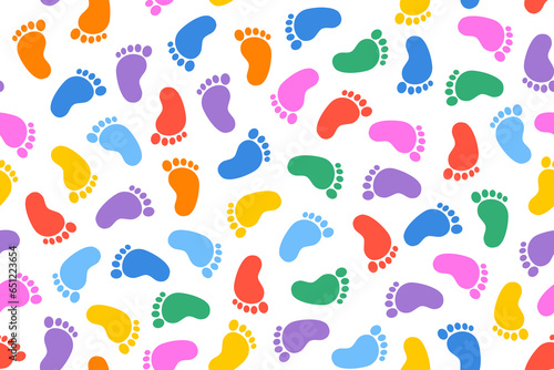Colorful baby footprint doodle seamless pattern. Design for welcome new born baby.