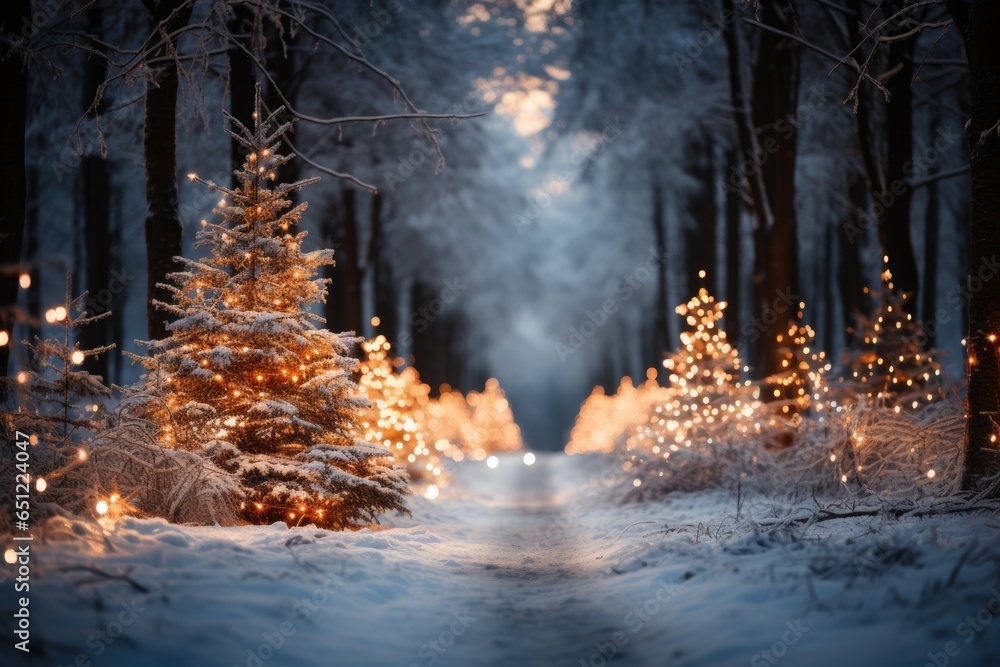 custom made wallpaper toronto digitalWinter forest background with a road perspective and Christmas trees decorated with garland lights