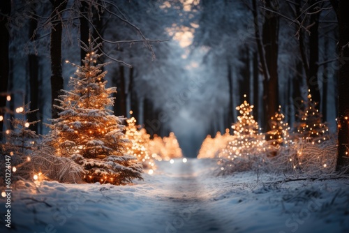 Winter forest background with a road perspective and Christmas trees decorated with garland lights