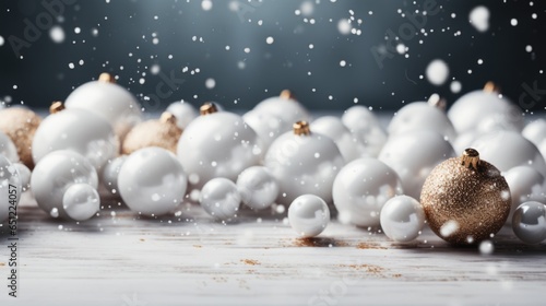 Christmas decoration background with white and golden balls under white snow