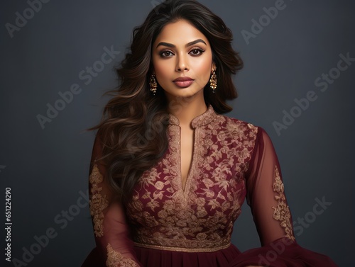 Showcasing traditional beauty in a burgundy anarkali, an Indian woman embodies sophistication; her magnetic gaze and poise setting her apart photo