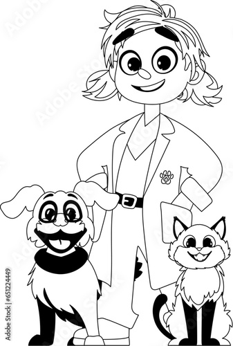 A pretty and amusing girl really enjoys being around animals and takes care of them. Childrens coloring page.